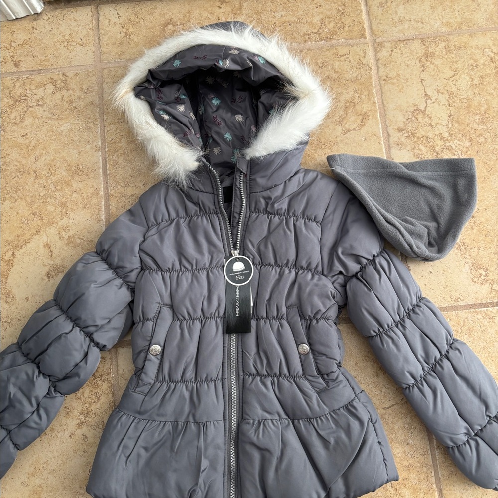 Girl's Gray Puffer Jacket with Faux Fur Hood